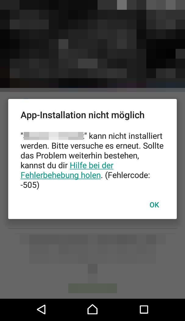 Der Fehlercode 505 während einer App-Installation im Play Store.