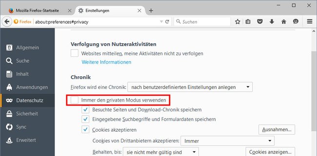 Falls diese Option aktiviert ist, öffnet Firefox nur Inkognito-Fenster, in denen keine Passwörter gespeichert werden.