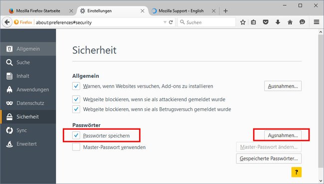 Hier aktiviert ihr das Speichern von Passwörtern im Firefox-Passwortmanager.