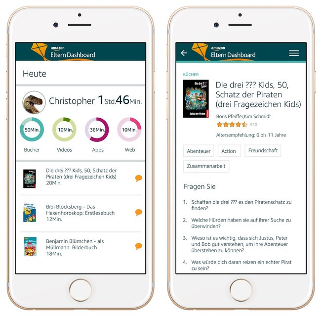 FreeTime: Links das Eltern Dashboard, rechts die Fragen in den Gesprächsideen.