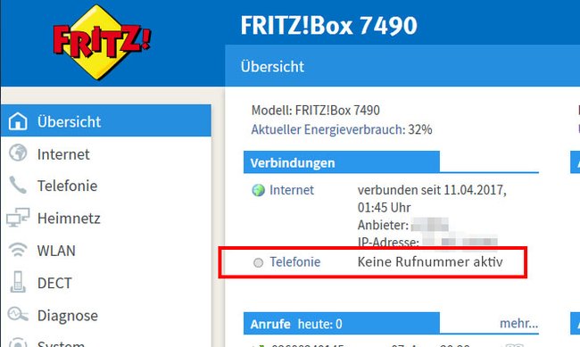 In der Fritzbox wird „Keine Rufnummer aktiv“ angezeigt.