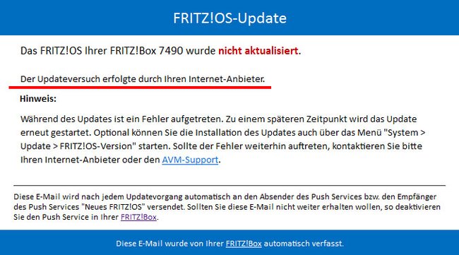 Die Mail bestätigt, dass der Internet-Anbieter das FritzOS-Update angestoßen hat.