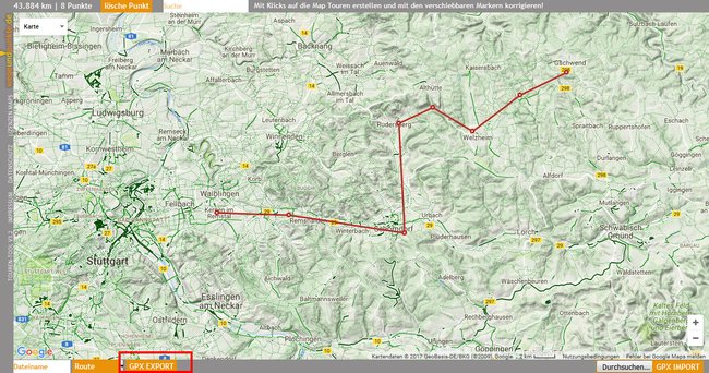 Hier könnt ihr eine GPX-Datei eurer Route erstellen.