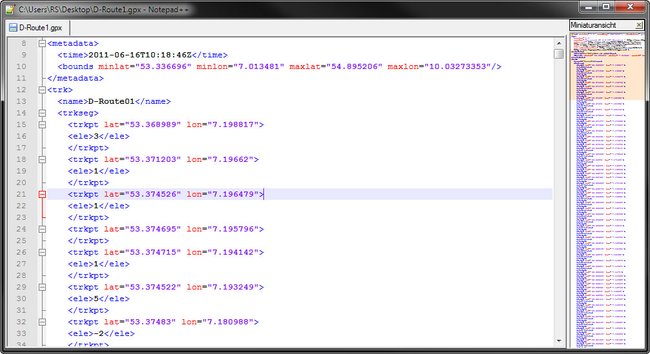 So sieht eine GPX-Datei in Notepad++ aus.
