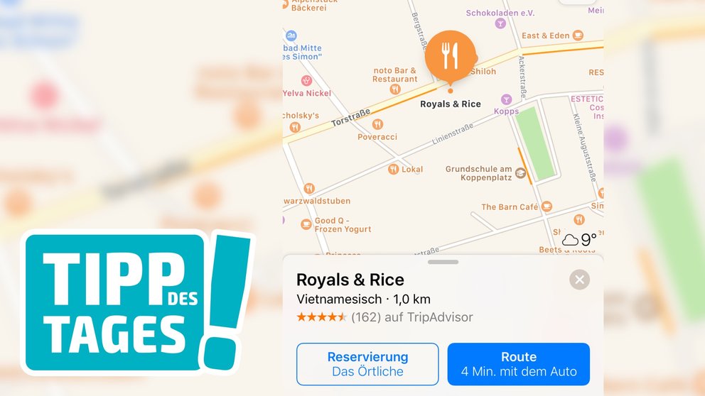 Tisch auf dem iPhone reservieren: Apple Karten mit Anbindung von Das Örtliche
