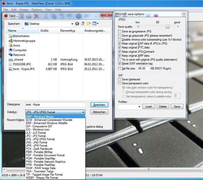 Im Speichern-Dialog wandelt ihr JPG-Dateien in ein anderes Dateiformat um.