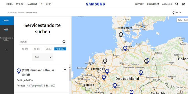 Hier findet ihr Samsung-Service-Standorte in eurer Nähe.