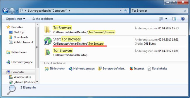 Hier wurde der Tor Browser auf dem Windows-Desktop installiert.