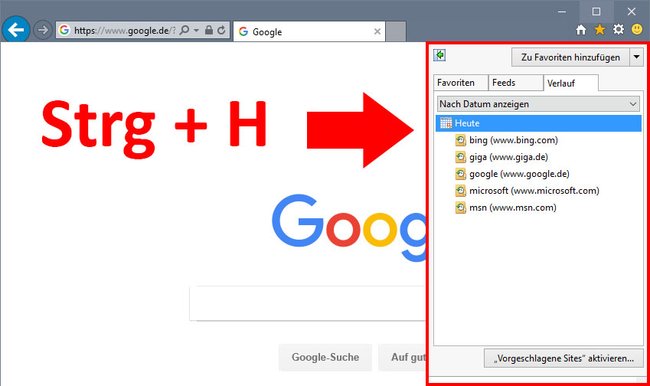 Hier zeigt der Internet Explorer die letzten besuchten Webseiten an.