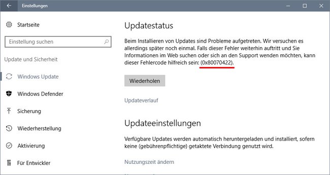 So sieht der Fehler 0x80070422 in Windows 10 aus.