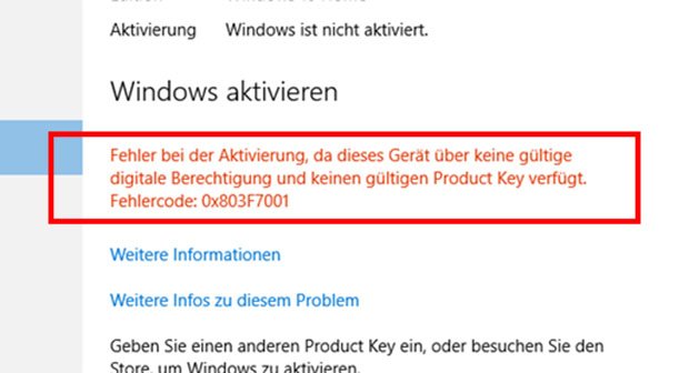 L sung Fehler 0x803f7001 Kein G ltiger Product Key In Windows 10
