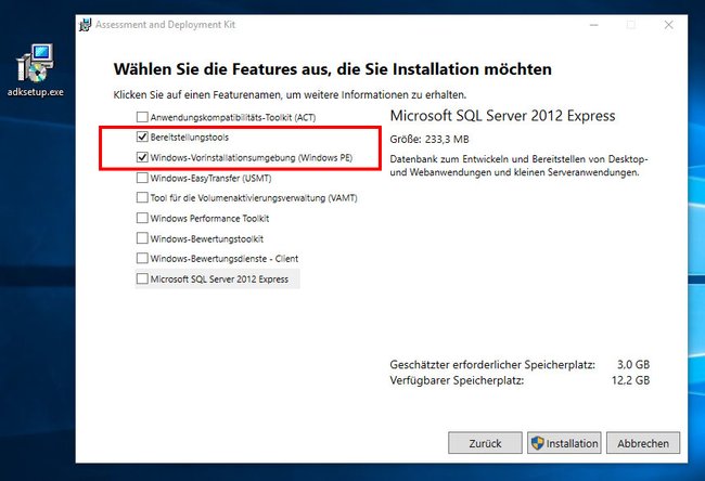 Windows-ADK-Installation: Wählt diese beiden Optionen aus.
