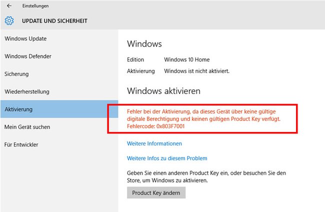 Der Fehler 0x803f7001 in Windows 10.