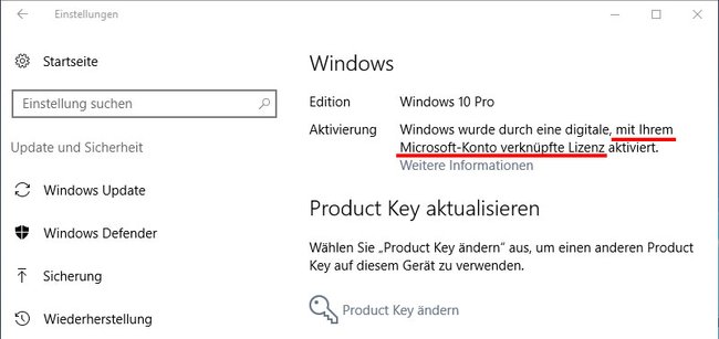 Die Windows-10-Aktivierung ist mit dem Microsoft-Konto verknüpft.
