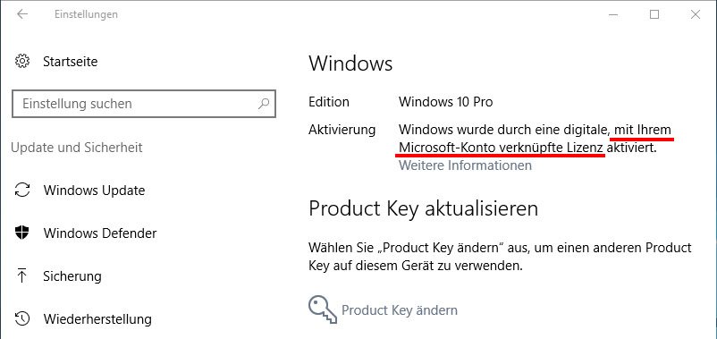 Die Windows-10-Aktivierung ist mit dem Microsoft-Konto verknüpft.