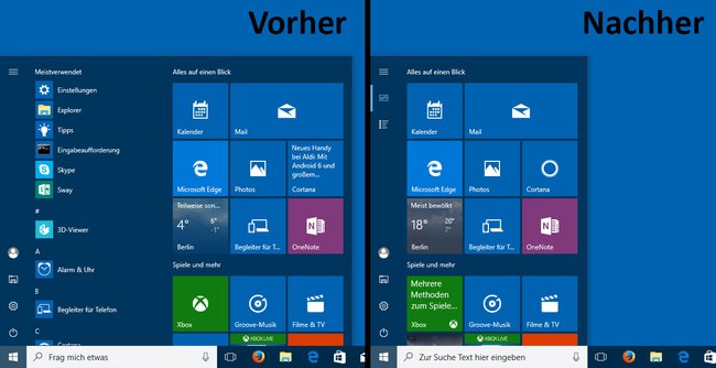 Windows 10: Die App- und Programm-Liste lässt sich ausblenden.