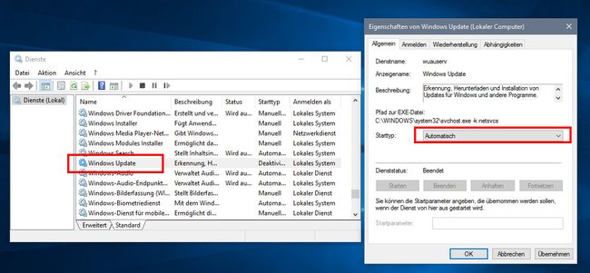 Hier aktiviert ihr den Update-Dienst in Windows wieder.