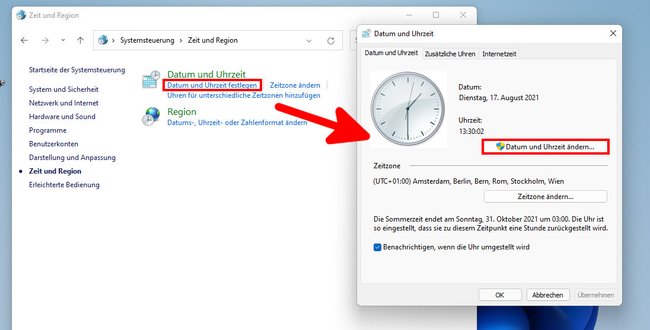 Hier stellt ihr in Windows die Uhrzeit ein. Bild: GIGA