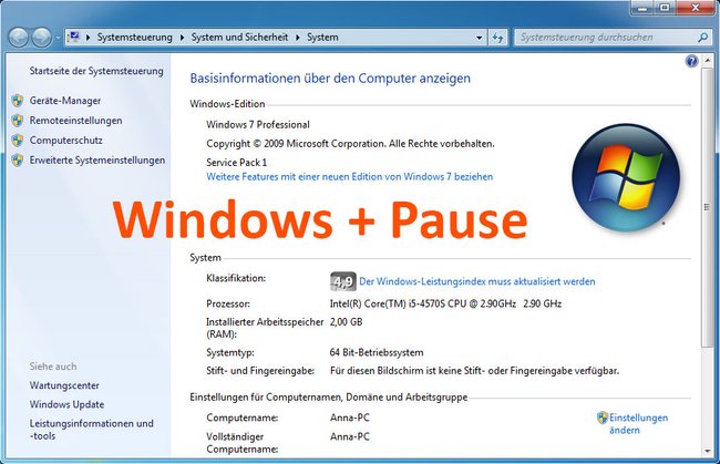 Windows + Pause öffnet dieses Fenster.