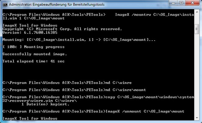 Es sind einige Befehle in der Eingabeaufforderung nötig, um einen Stick mit Windows RE zu erstellen.