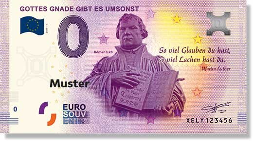 Der 0-Euro-Schein von vorne mit Luther-Denkmal in Wittenberg. Bildquelle: gott.net