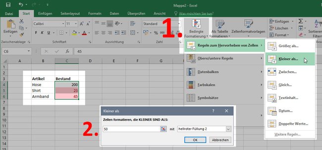 Excel färbt alle Zellen rot, deren Wert unter 50 liegt. (Bildquelle: GIGA)