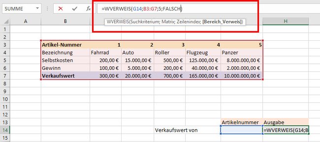 Wir bestimmen die Parameter für die Funktion WVERWEIS.