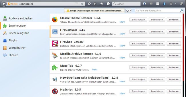 Dieser Firefox wurde durch viele Add-ons mit neuen Funktionen ergänzt.