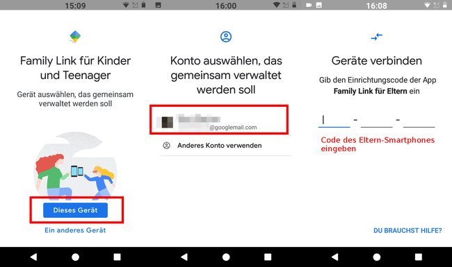 Kinder-Smarpthone: Hier gibt man das Google-Konto des Kindes an und gibt den Code des Eltern-Smartphones ein. Bild: GIGA