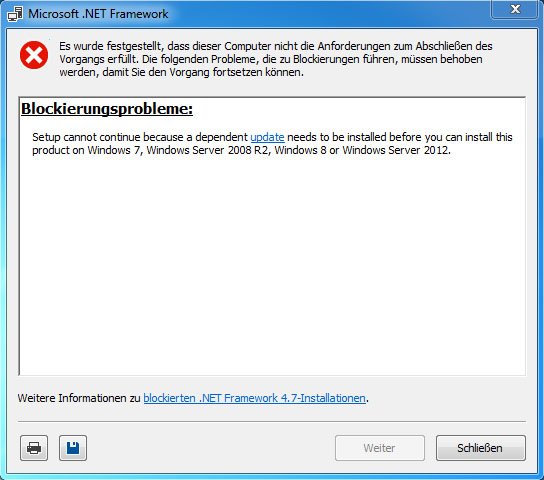 NET Framework wurde blockiert, weil ein wichtiges Update fehlt.
