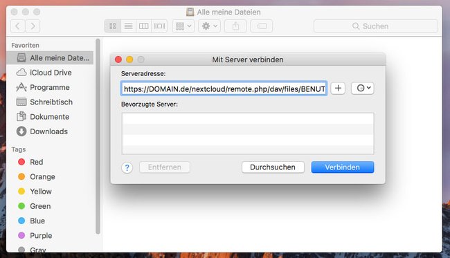 MacOS: Hier gebt ihr die WebDAV-Adresse zum Nextcloud-Server ein.
