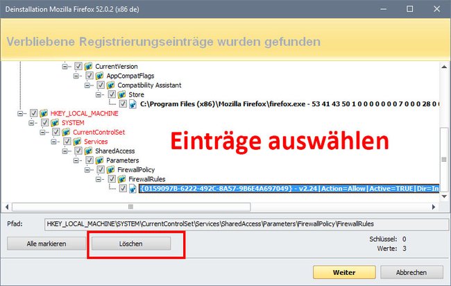 Revo Uninstaller: Wählt die Programmreste aus und klickt auf den Löschen-Button.