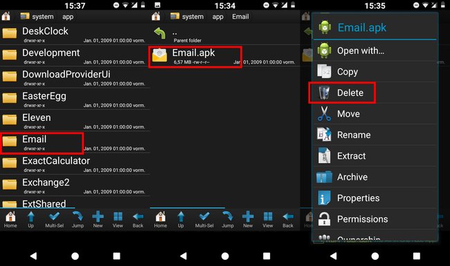 Root Explorer: So löscht ihr beispielsweise die System-App „E-Mail“.