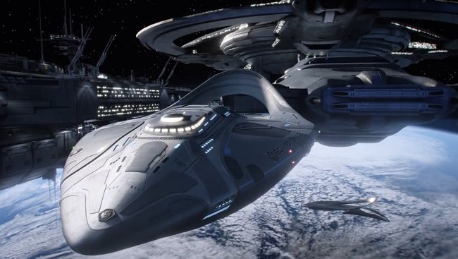 Das Raumschiff Orville vorne links im Bild. Bildquelle: Fox