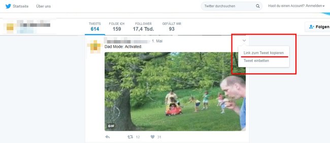 Erstmal benötigt ihr den Link zum Twitter-Beitrag, wo das GIF drin vorkommt.