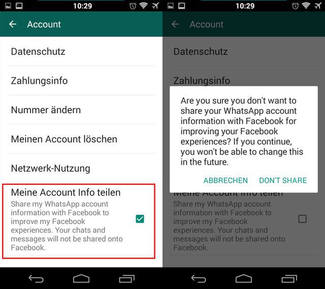 In euren Account-Einstellungen könnt ihr verhindern, dass WhatsApp Daten mit Facebook teilt.