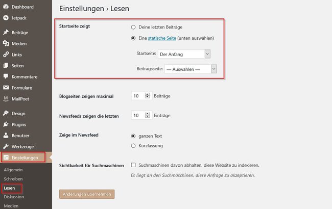 Wordpress: Hier könnt ihr eine feste Startseite festlegen.