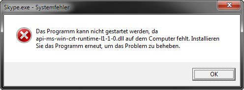 Fehlermeldung in Windows: Die Datei api-ms-win-crt-runtime-l1-1-0.dll fehlt.