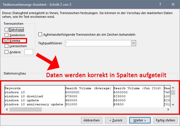 In der Datenvorschau seht ihr, ob die Datensätze korrekt auf die Spalten aufgeteilt werden.