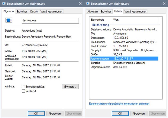 Die Eigenschaften der Datei dashost.exe.