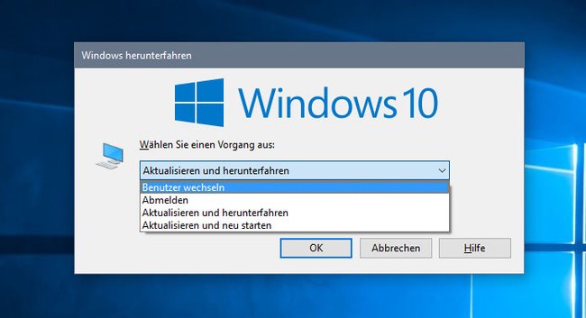 Wenn ihr auf dem Desktop Alt + F4 drückt, erscheint dieses Fenster.