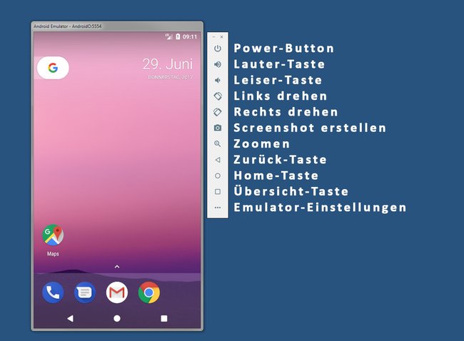 Über die Buttons könnt ihr das Smartphone virtuell bedienen.