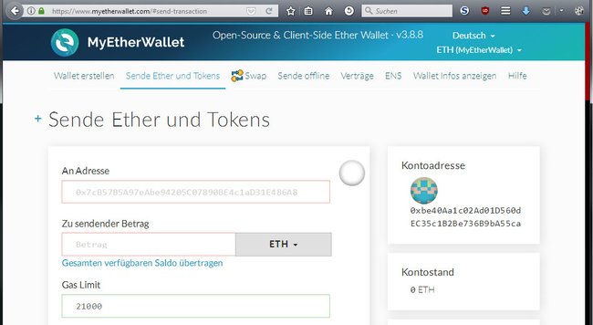 Hier könnt ihr anderen über ihren Public Key (Adress) Ether schicken.