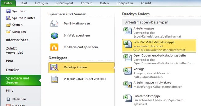 So speichert ihr Excel-Mappen als XLS-Datei in Excel 2010.