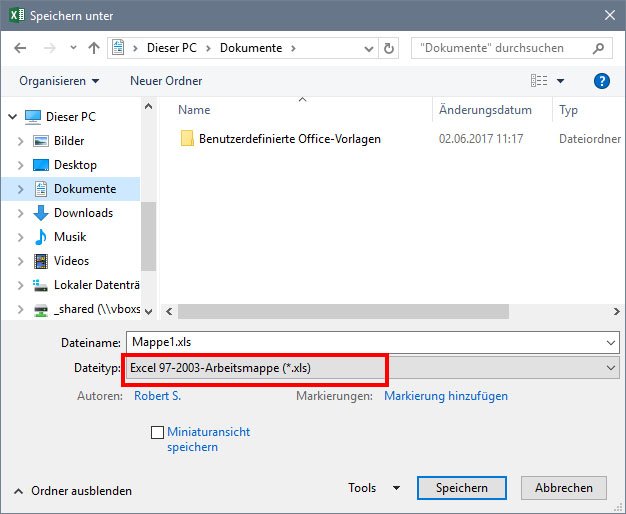 Hier wählt ihr die XLS-Dateiendung aus.