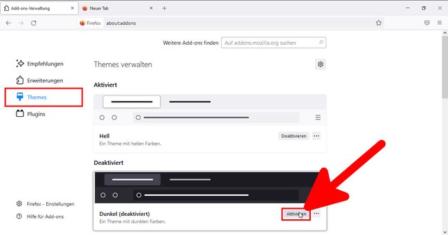 Hier aktiviert ihr das dunkle Theme von Firefox. Bild: GIGA