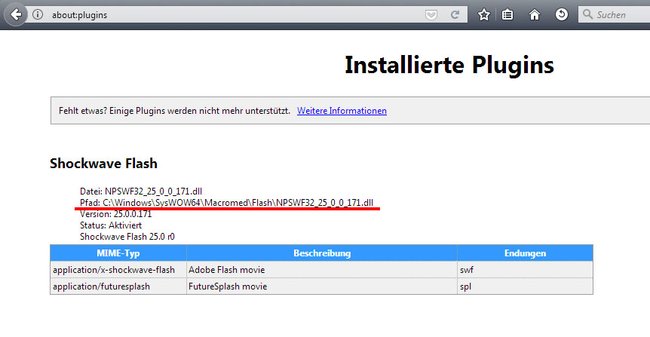Firefox zeigt eine Liste aller installierten Plugins an.