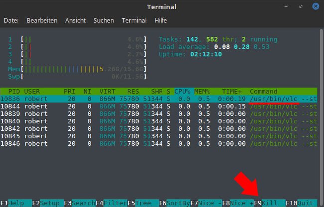 Die Liste ist nach VLC gefiltert. Drückt F9, um den Prozess zu beenden.