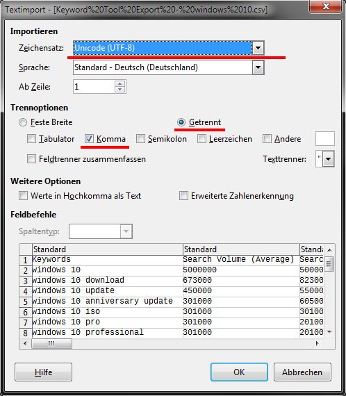 Hier stellt ihr ein, dass die CSV-Datei in LibreOffice Calc richtig geöffnet wird.