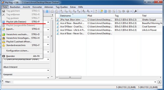 Das Tool mp3tag erstellt M3U-Playlisten mit relativen Pfadangaben